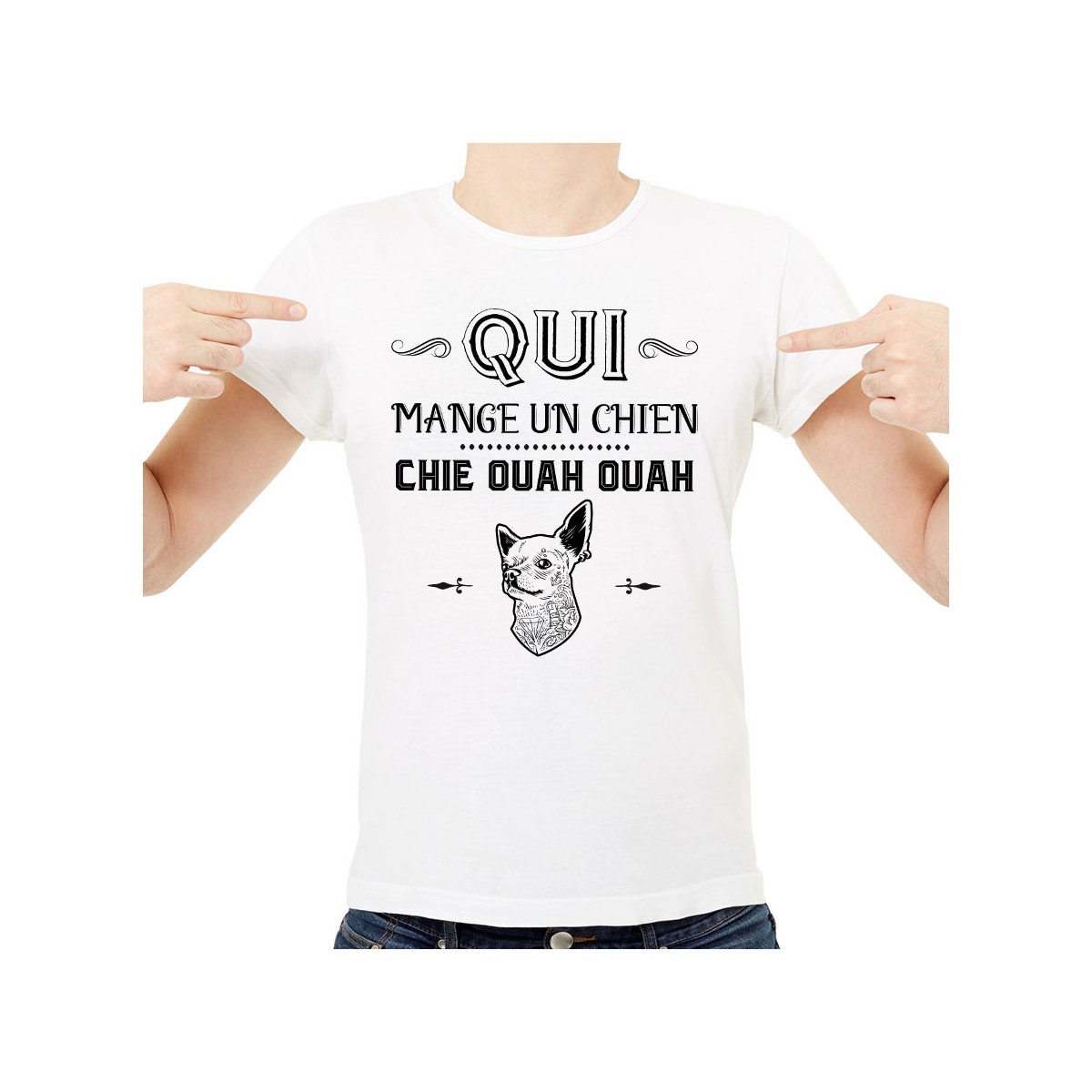 T-shirt Qui mange un chien chie ouah ouah