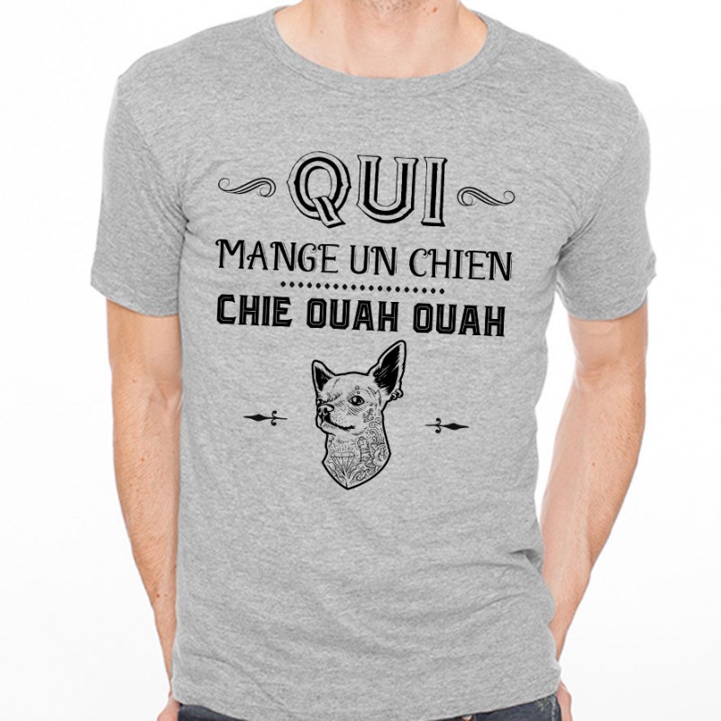 T-shirt Qui mange un chien chie ouah ouah