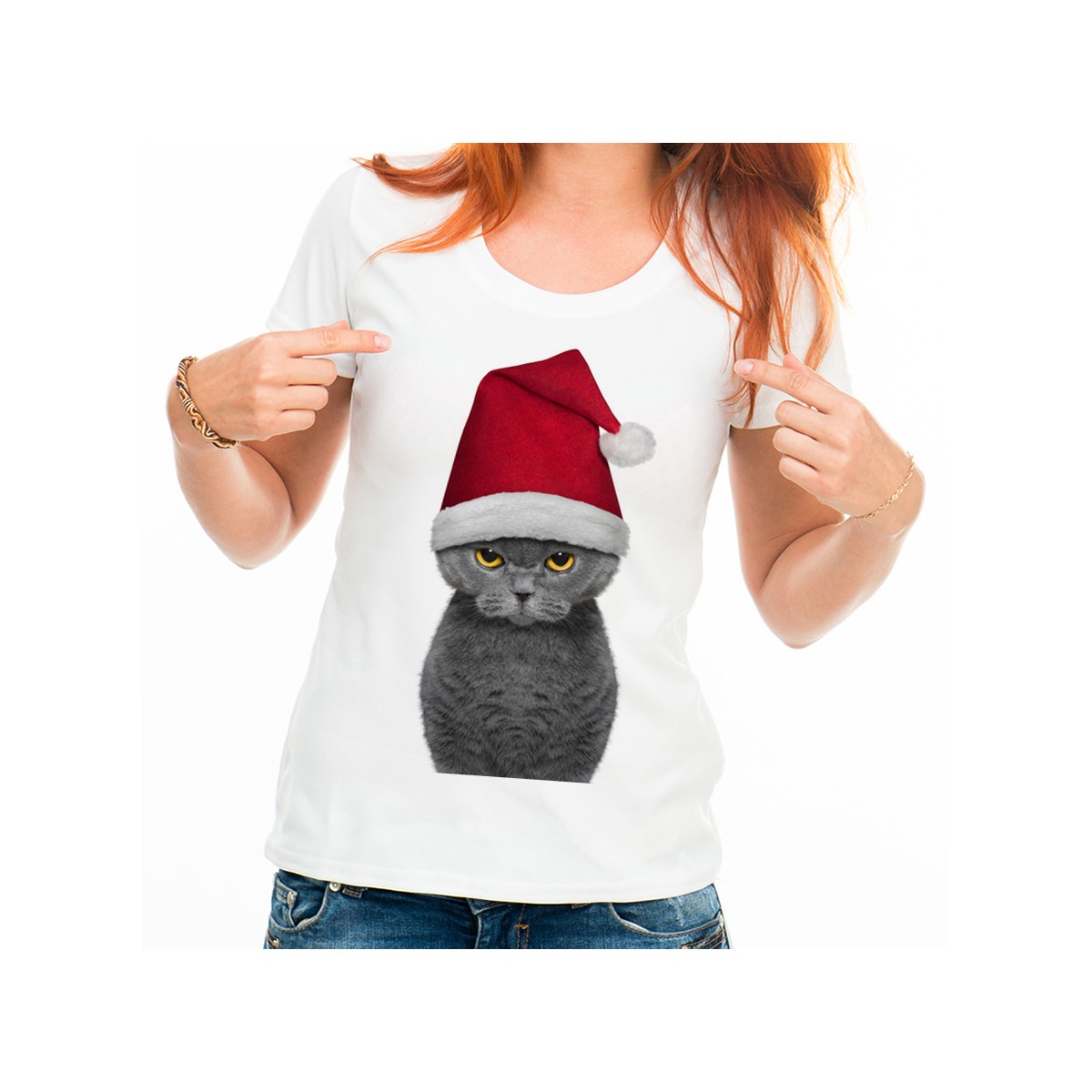 T-shirt Mignon chat dans un chapeau de Père Noël