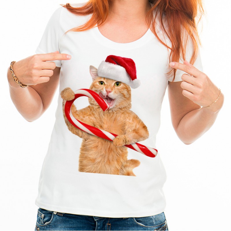 T-shirt Chat dans le chapeau rouge tient un sucre d'orge